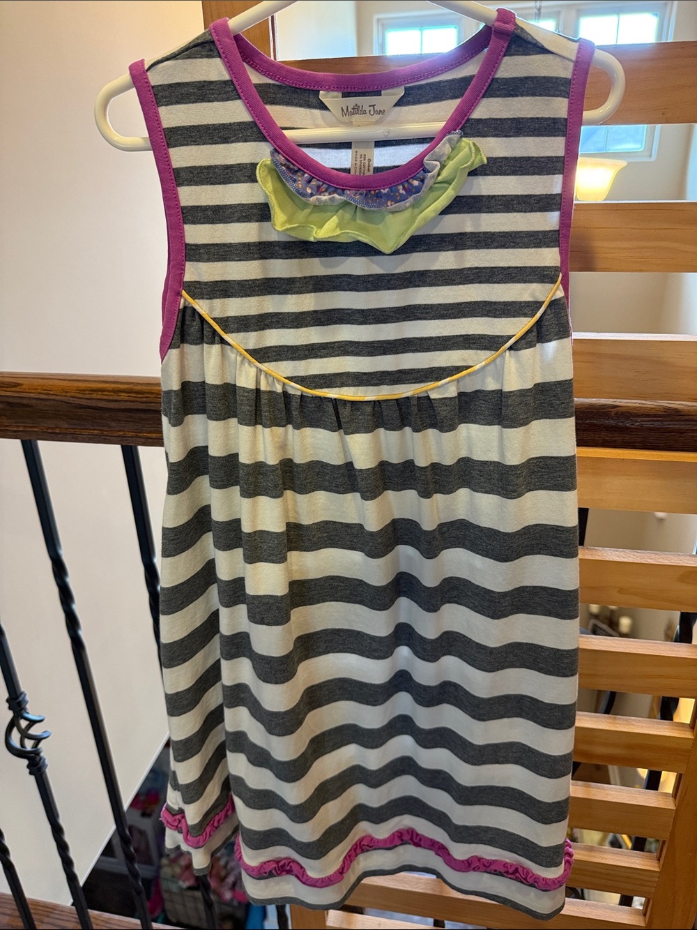 Matilda Jane Gray & White Striped Sleeveless Dress with Pink Trim